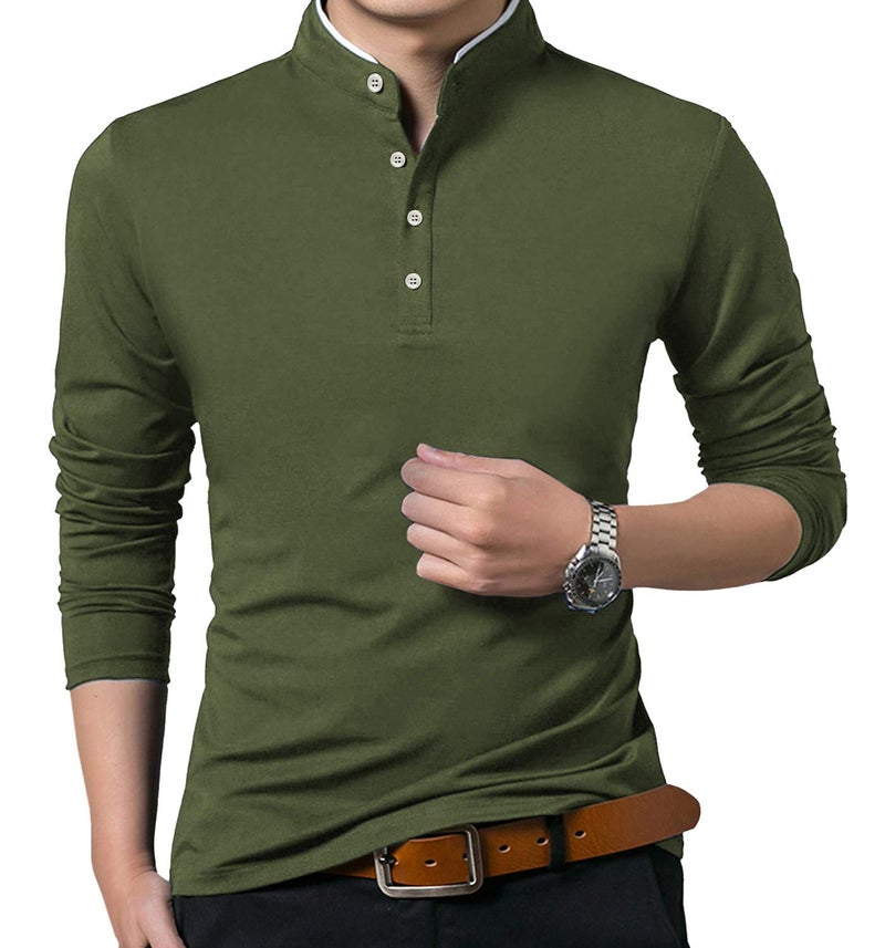 KUYIGO Men's Casual Slim Fit Shirts Long Sleeve Polo Mandarin Collared St Patrick's Day T-Shirts Army Green Small - Image 1